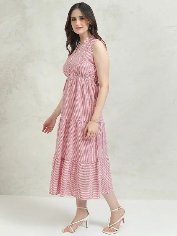 Tokyo Talkies Women Red Striped Fit And Flare Dress