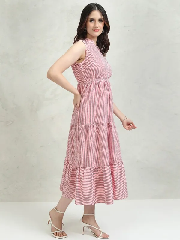 Tokyo Talkies Women Red Striped Fit And Flare Dress
