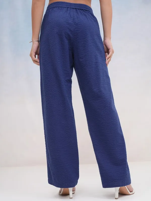 Tokyo Talkies Women Navy Blue Self Design Regular Fit Casual Trouser