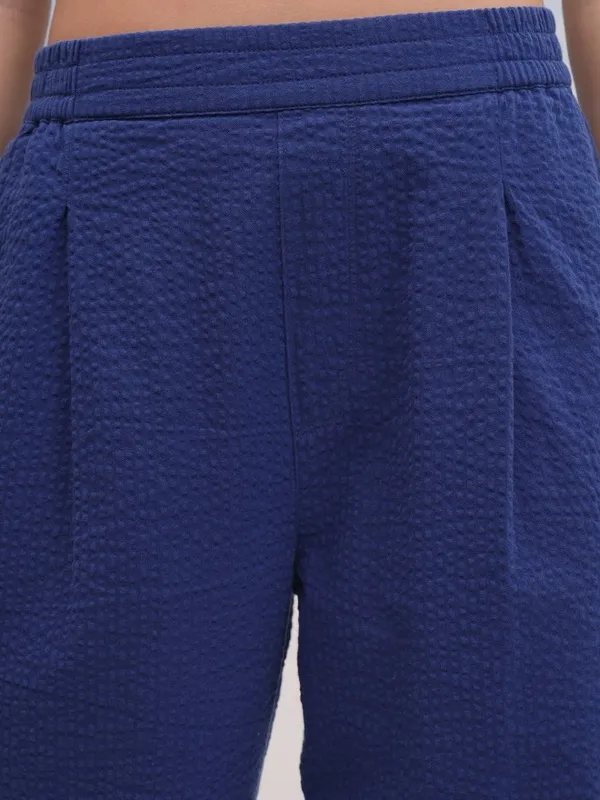 Tokyo Talkies Women Navy Blue Self Design Regular Fit Casual Trouser