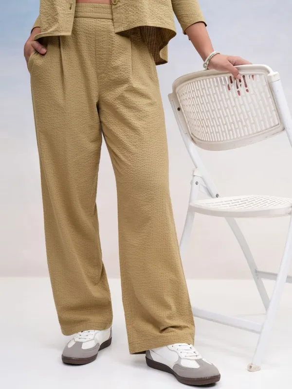 Tokyo Talkies Women Khaki Self Design Regular Fit Casual Trouser