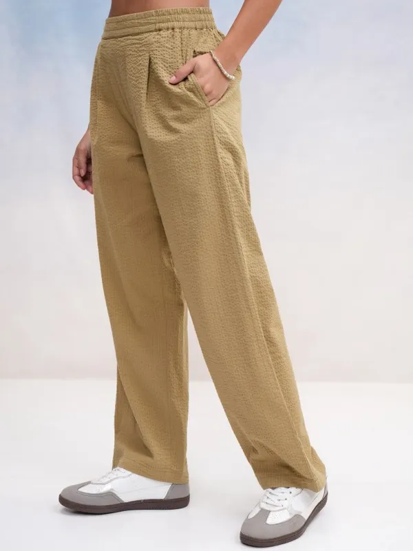Tokyo Talkies Women Khaki Self Design Regular Fit Casual Trouser