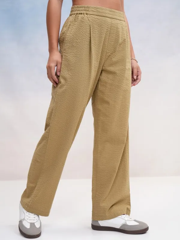 Tokyo Talkies Women Khaki Self Design Regular Fit Casual Trouser