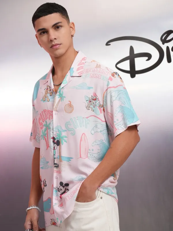 Disney By Highlander Men Pink Mickey Mouse Printed Relaxed Fit Casual Shirt
