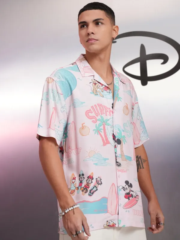 Disney By Highlander Men Pink Mickey Mouse Printed Relaxed Fit Casual Shirt