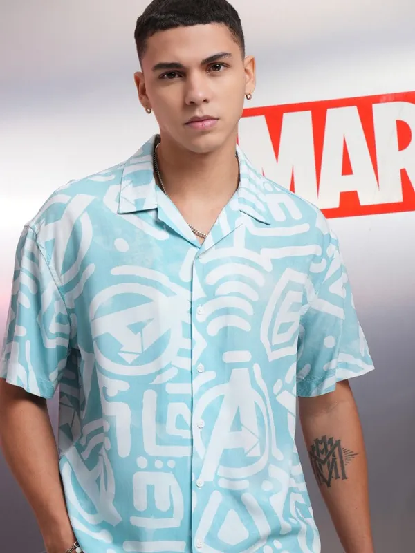 Marvel By Highlander Men Blue Avengers Printed Relaxed Fit Casual Shirt