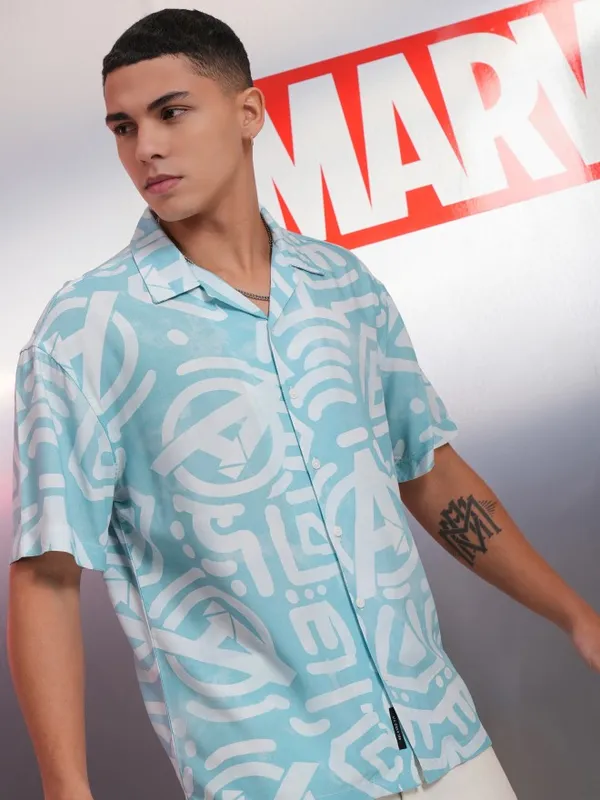 Marvel By Highlander Men Blue Avengers Printed Relaxed Fit Casual Shirt