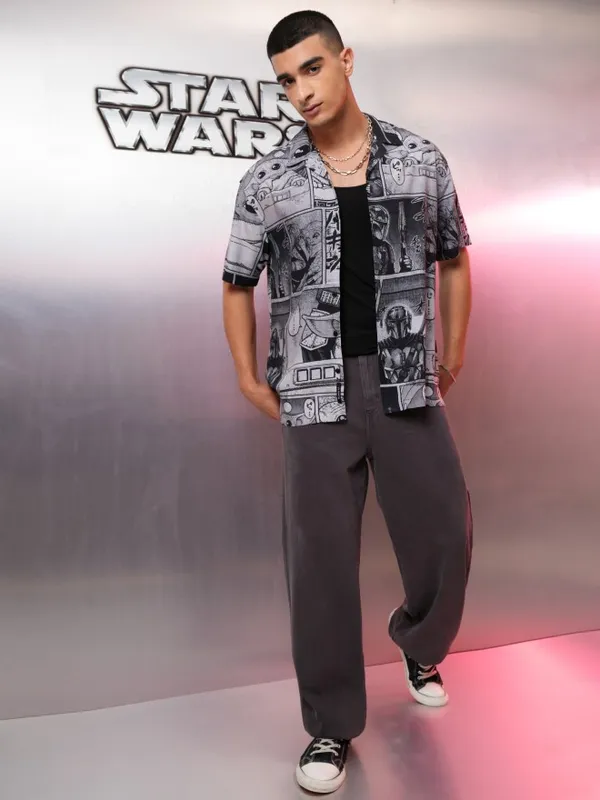 Star Wars By Highlander Men Grey Darth Vader and Grogu Printed Relaxed Fit Casual Shirt