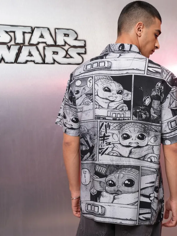 Star Wars By Highlander Men Grey Darth Vader and Grogu Printed Relaxed Fit Casual Shirt