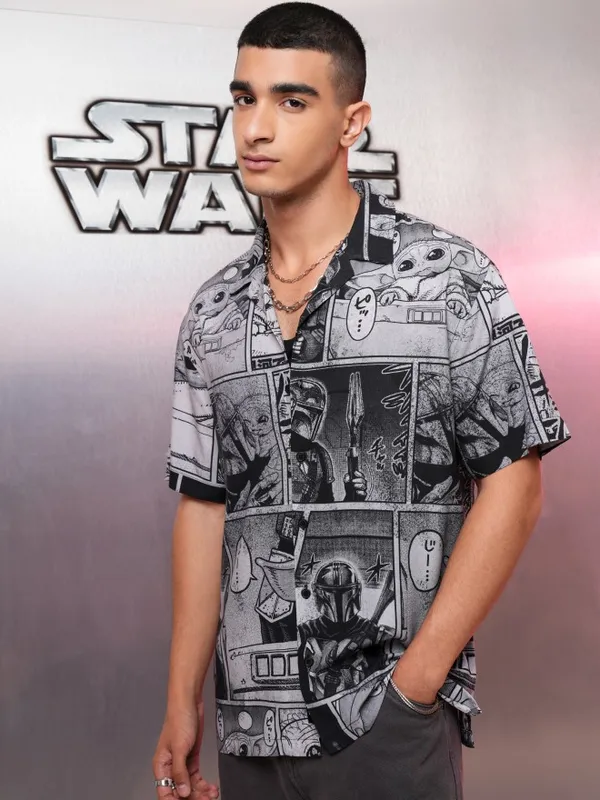 Star Wars By Highlander Men Grey Darth Vader and Grogu Printed Relaxed Fit Casual Shirt