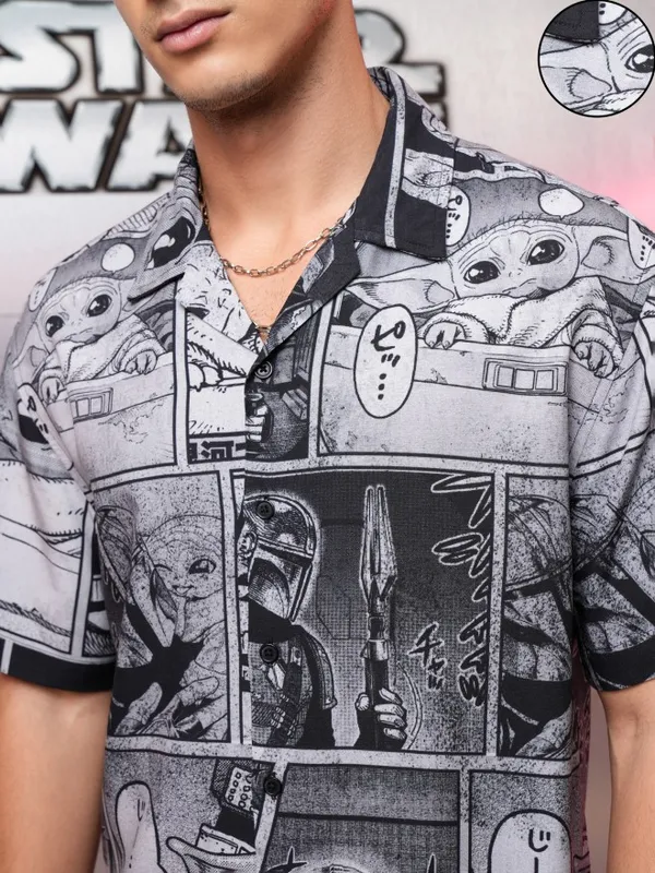 Star Wars By Highlander Men Grey Darth Vader and Grogu Printed Relaxed Fit Casual Shirt
