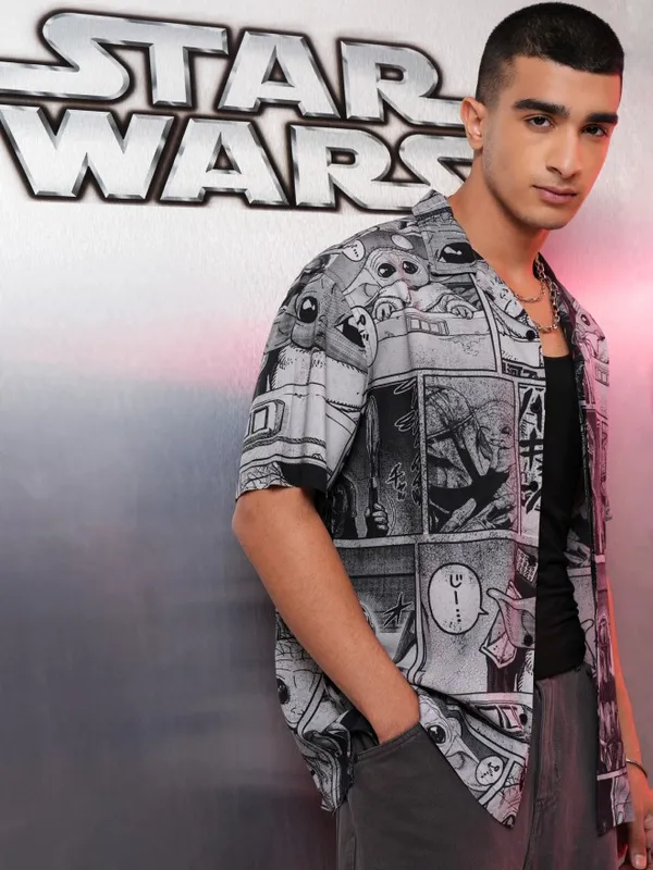Star Wars By Highlander Men Grey Darth Vader and Grogu Printed Relaxed Fit Casual Shirt