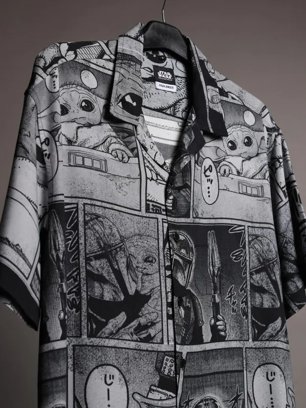 Star Wars By Highlander Men Grey Darth Vader and Grogu Printed Relaxed Fit Casual Shirt