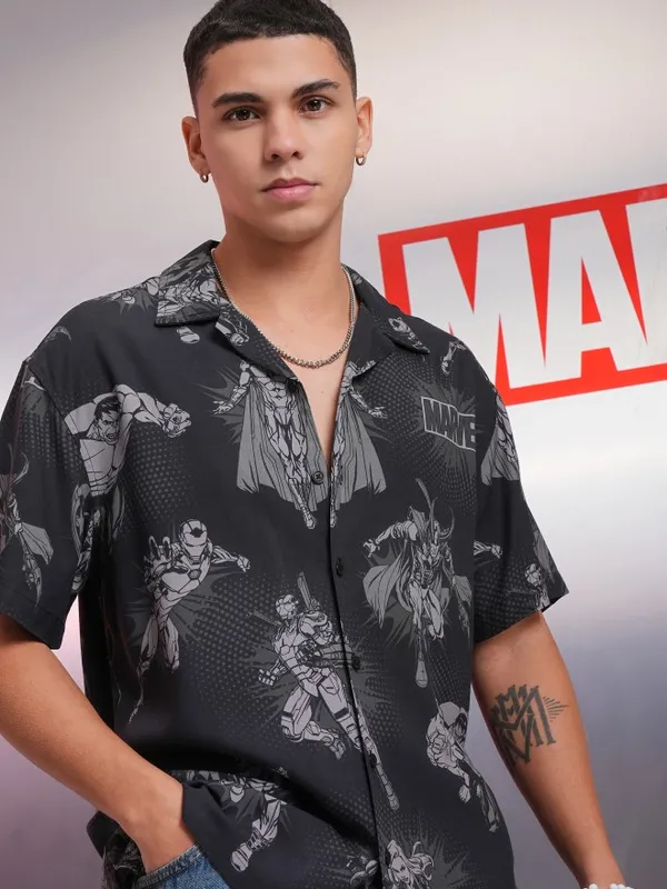 Marvel By Highlander Black Avengers Printed Relaxed Fit Casual Shirt