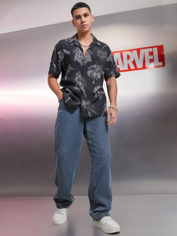 Marvel By Highlander Black Avengers Printed Relaxed Fit Casual Shirt