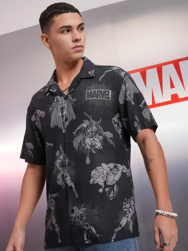 Marvel By Highlander Black Avengers Printed Relaxed Fit Casual Shirt
