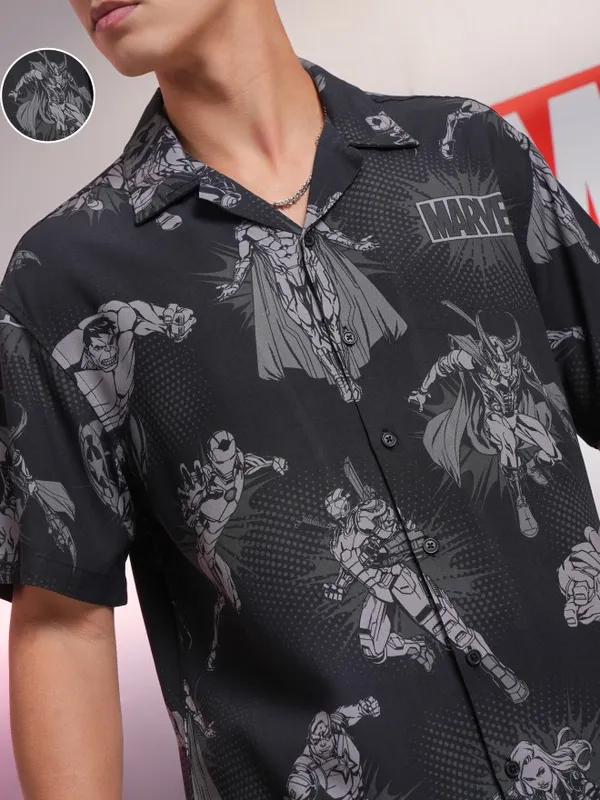 Marvel By Highlander Black Avengers Printed Relaxed Fit Casual Shirt