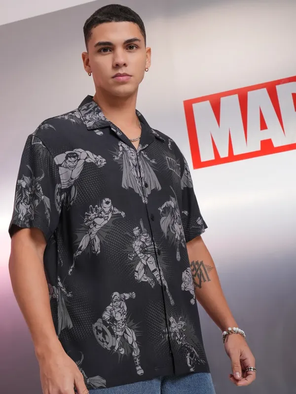 Marvel By Highlander Black Avengers Printed Relaxed Fit Casual Shirt