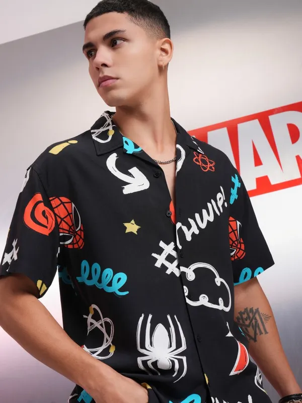 Marvel By Highlander Men Black Spider-Man Printed Relaxed Fit Casual Shirt