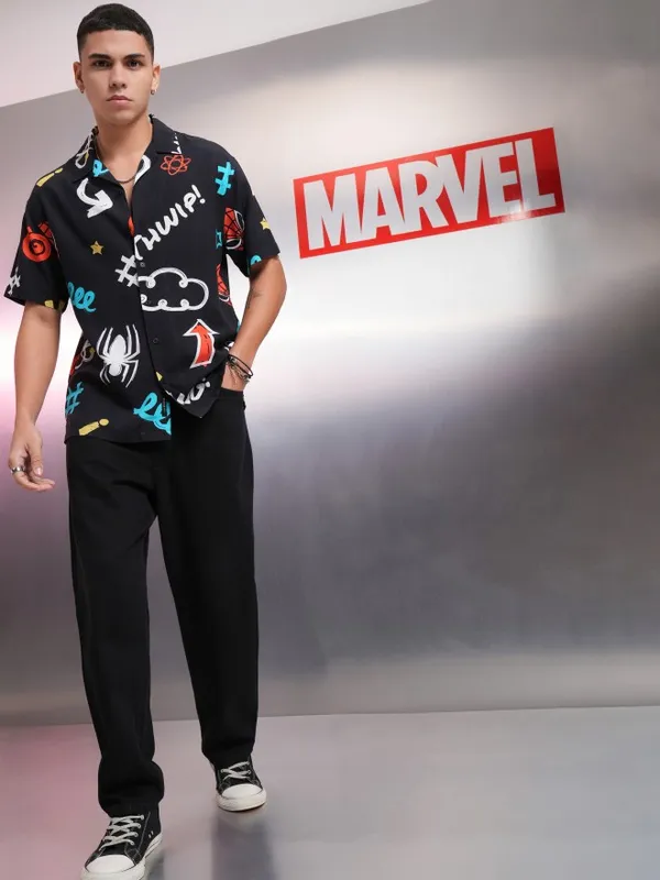 Marvel By Highlander Men Black Spider-Man Printed Relaxed Fit Casual Shirt