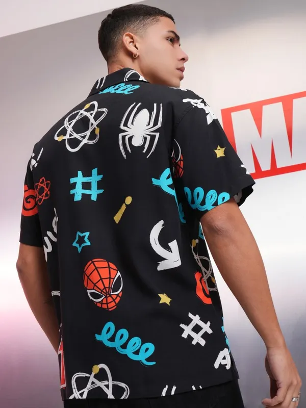 Marvel By Highlander Men Black Spider-Man Printed Relaxed Fit Casual Shirt