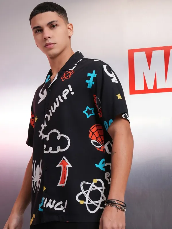 Marvel By Highlander Men Black Spider-Man Printed Relaxed Fit Casual Shirt