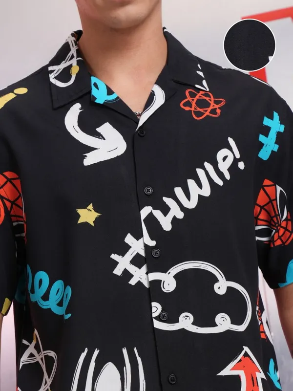 Marvel By Highlander Men Black Spider-Man Printed Relaxed Fit Casual Shirt