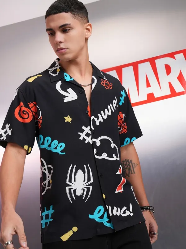 Marvel By Highlander Men Black Spider-Man Printed Relaxed Fit Casual Shirt