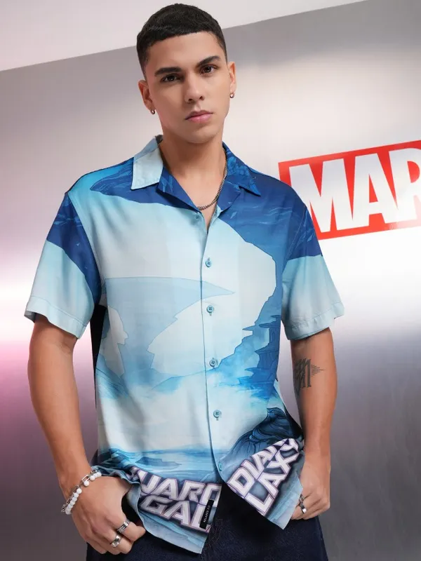 Marvel By Highlander Men Blue Guardians Of The Galaxy Printed Relaxed Fit Casual Shirt
