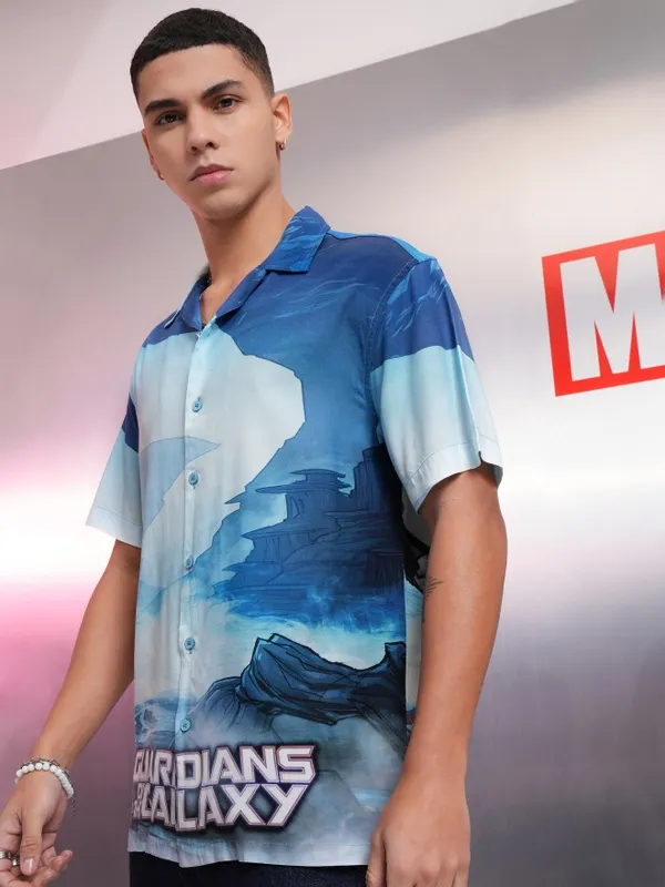 Marvel By Highlander Men Blue Guardians Of The Galaxy Printed Relaxed Fit Casual Shirt