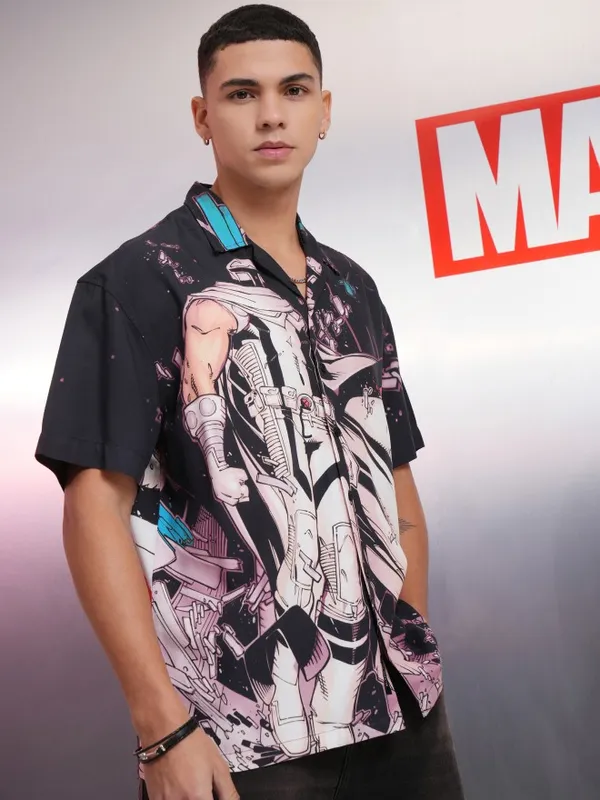 Marvel By Highlander Black X-Men Printed Relaxed Fit Casual Shirt