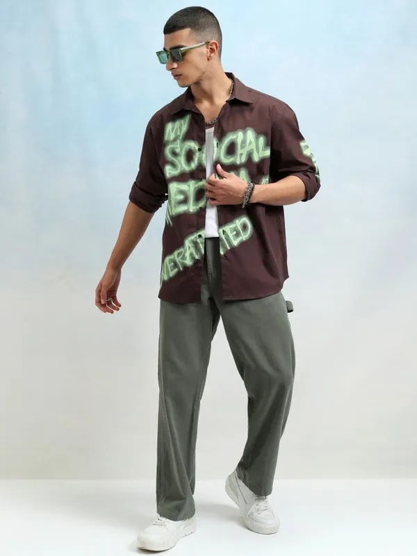 Highlander Men Brown Regular Collar Long Sleeve Printed Overshirt