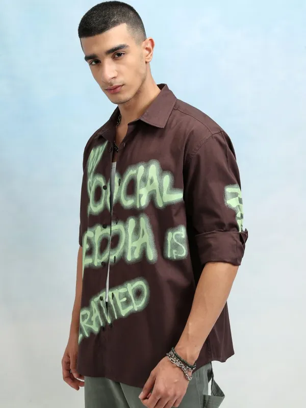 Highlander Men Brown Regular Collar Long Sleeve Printed Overshirt