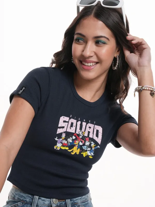 Disney By Tokyo Talkies Women Navy Blue Mickey Mouse Printed Round Neck T-Shirt