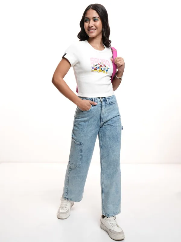 Disney By Tokyo Talkies Women White Mickey Mouse Printed Round Neck T-Shirt