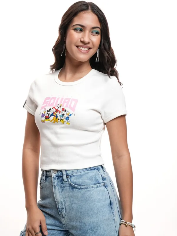 Disney By Tokyo Talkies Women White Mickey Mouse Printed Round Neck T-Shirt