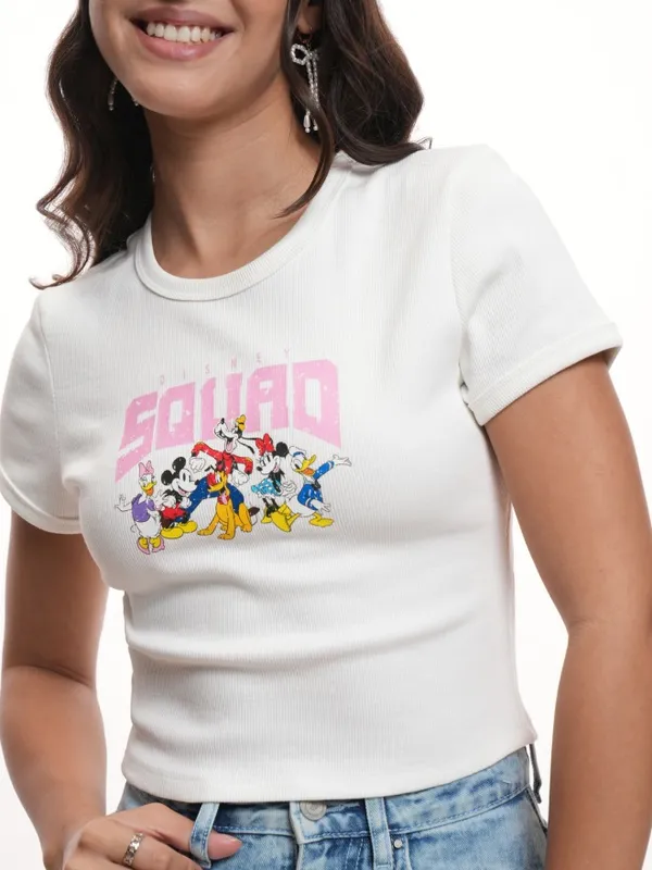 Disney By Tokyo Talkies Women White Mickey Mouse Printed Round Neck T-Shirt