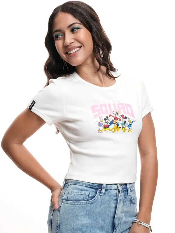 Disney By Tokyo Talkies Women White Mickey Mouse Printed Round Neck T-Shirt