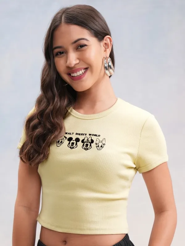 Disney By Tokyo Talkies Women Beige Mickey & Friends Embroidered Regular Fit T-Shirt