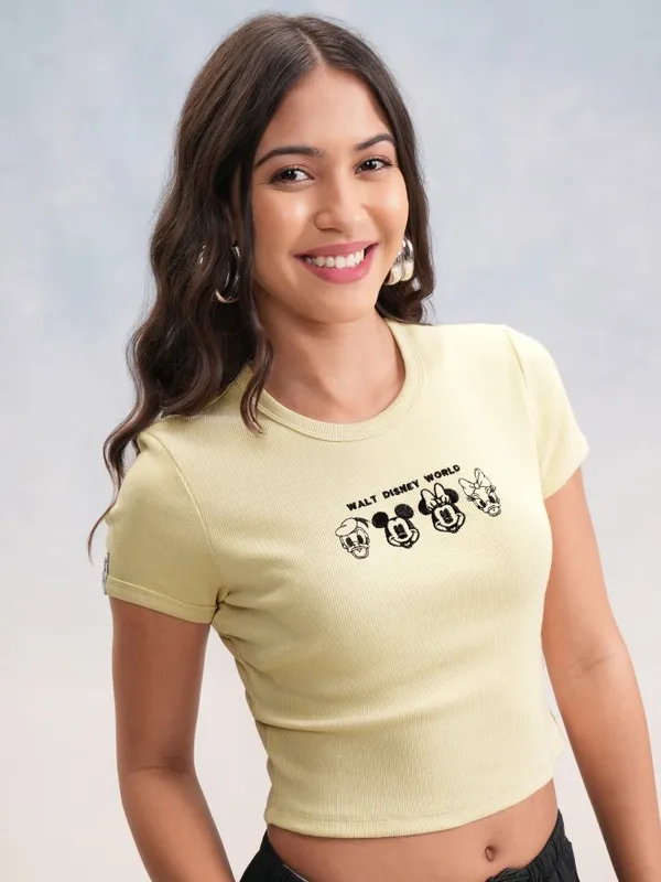 Disney By Tokyo Talkies Women Beige Mickey & Friends Embroidered Regular Fit T-Shirt