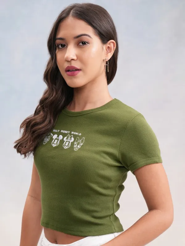 Disney By Tokyo Talkies Women Olive Mickey Mouse Embroidered Round Neck T-Shirt