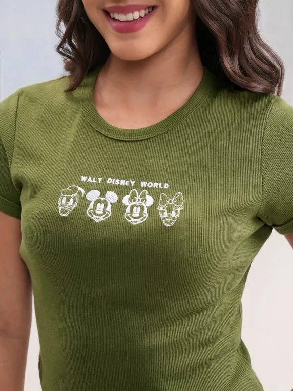 Disney By Tokyo Talkies Women Olive Mickey Mouse Embroidered Round Neck T-Shirt