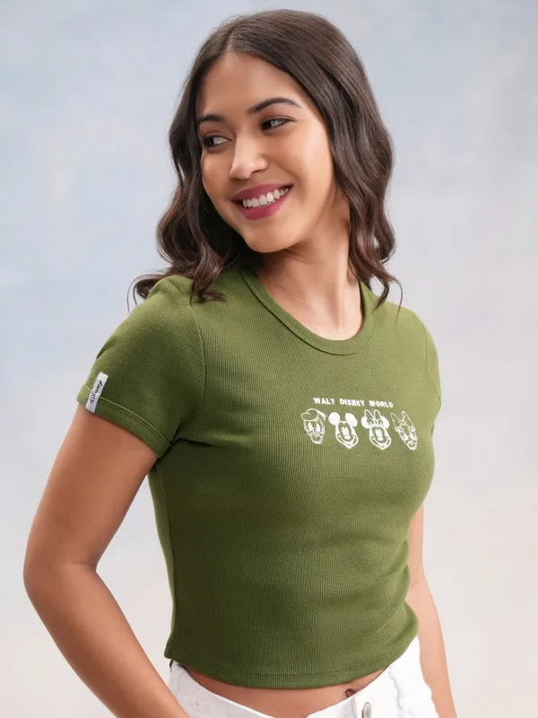 Disney By Tokyo Talkies Women Olive Mickey Mouse Embroidered Round Neck T-Shirt