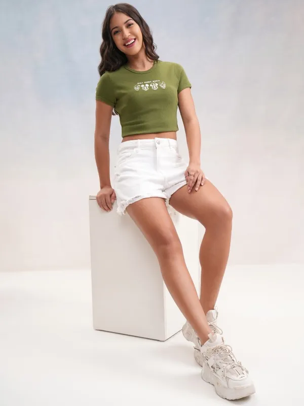 Disney By Tokyo Talkies Women Olive Mickey Mouse Embroidered Round Neck T-Shirt