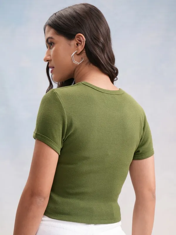 Disney By Tokyo Talkies Women Olive Mickey Mouse Embroidered Round Neck T-Shirt