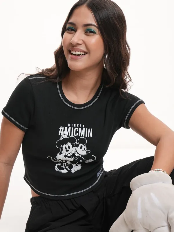 Disney By Tokyo Talkies Women Black Mickey & Minnie Printed Crop T-Shirt