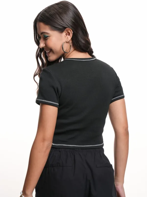 Disney By Tokyo Talkies Women Black Mickey & Minnie Printed Crop T-Shirt