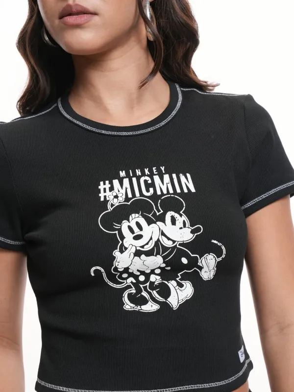 Disney By Tokyo Talkies Women Black Mickey & Minnie Printed Crop T-Shirt