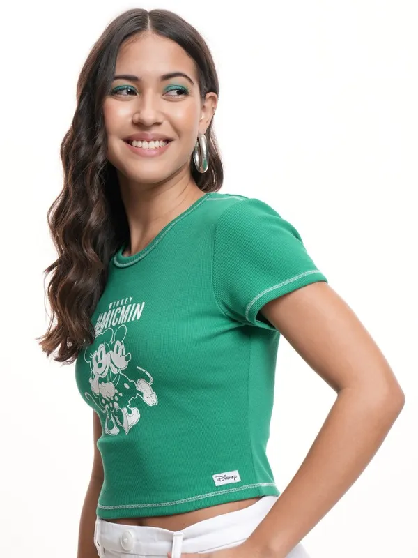 Disney By Tokyo Talkies Women Green Mickey & Minnie Printed Crop T-Shirt