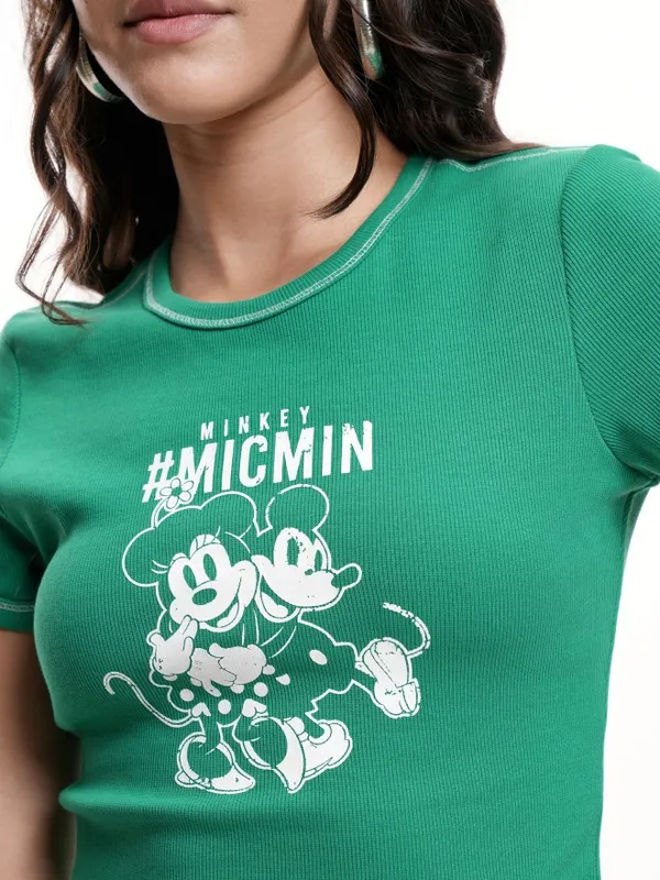 Disney By Tokyo Talkies Women Green Mickey & Minnie Printed Crop T-Shirt